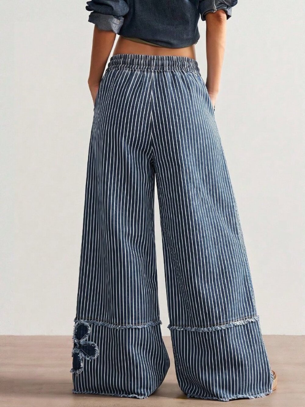 Blue And White Casual Women's Woven Denim Polka Dot Loose Wide Leg Long Pants - Picture 2 of 8